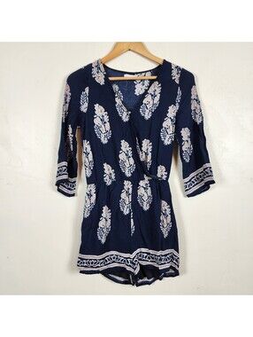 VGACI Navy Blue Paisley Print Romper Surplice V Neck 3/4 Sleeve Elastic Waist S